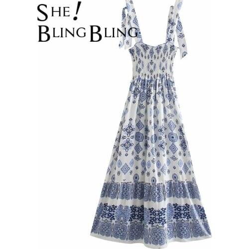 SheBlingBling Za 2021 Summer Backless Tie Shoulder Women High Waist Midi Dress Shirred Body Wide Straps Casual Robe Traf Dress