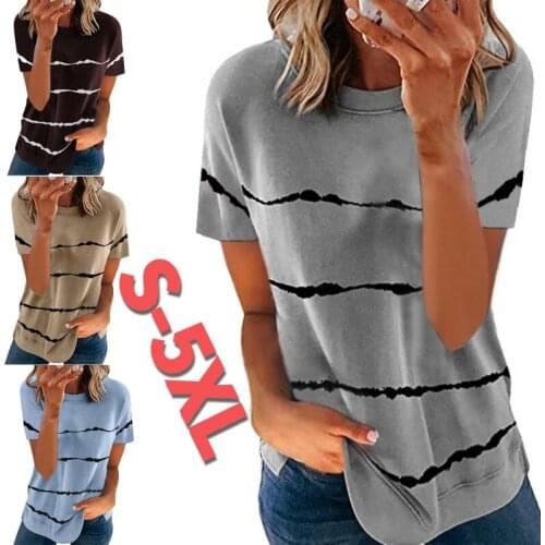 Loose-striped T-shirt Summer Round-neck Womens Tops Loose Cotton Fashion T-shirts Casual Short Ladies Sleeves Tops Plus Size Top