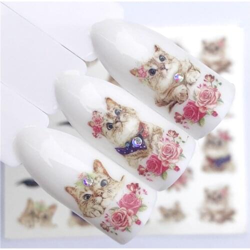 Fashion Stickers for Nails DIY Pet Cute Cat Flowers Water Sliders Manicure Decor Watercolor Nail Decal Stickers Accessoires