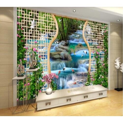 Papel de parede Streaming Waterfall, Crane, Carp, TV Sofa 3d wallpaper mural,iving room tv wall bedroom wall papers home decor