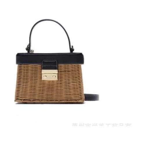 2021 ZA New Female Messenger Bag Retro Black Lock Belt Handle Straw Grass Cane Handbag Rattan Color-Blocking Box-Shaped Bag