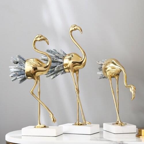 Luxtry Brass Ostrich Flamingo Figurines Natural Crystal Stone Tail Marble Ornament For Home Decor Hotel Clubhouse Craft Gift