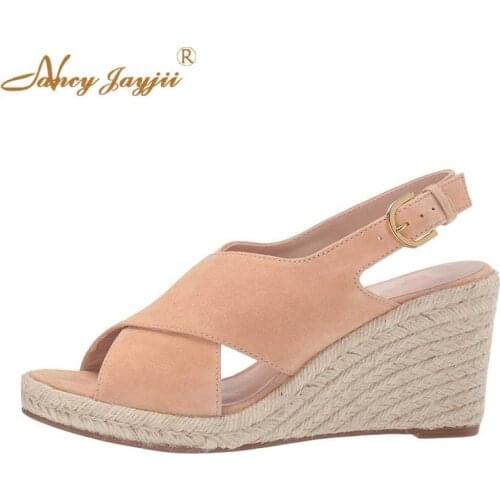 Khaki Nude Womens Sandals Female for Summer 3 Inch Linen Wrapped Wedges Heels Buckle Strap Shoes Leisure Vacation 2021