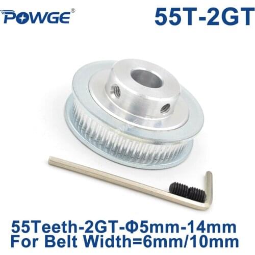 POWGE GT 55 Teeth 2GT Timing Pulley Bore 5/6/6.35/7/8/10/12/14mm for GT2 Open Synchronous belt width 6/10mm wheel 55Teeth 55T
