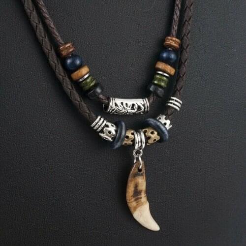 Vintage Mens Wolf Tooth Pendant Leather Beaded Weaved Prayer Necklace Jewelry