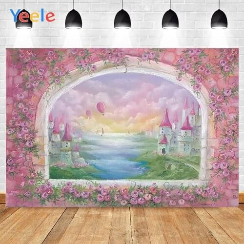 Yeele Wall With Red Flowers Window Castle River Clouds Background Photophone Photography Backdrop for Decoration Customized Size