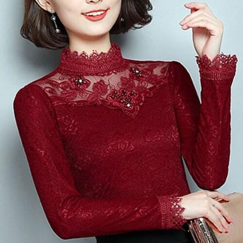 Womens Spring Autumn Style Lace Blouses Shirt Womens Hollow Out Solid Color Long Sleeve Turtleneck Elegant Slim Tops DD9084