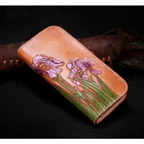 Johnature Retro High-end Hand Carved Leather Orchid Womens Wallets And Purses 2021 New Cowhide Women Wallet Card Holder Purse