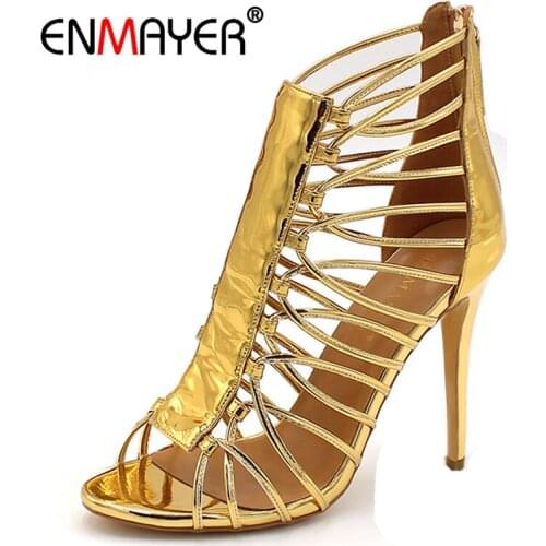 ENMAYER Cuts-out Summer Pumps Shoes Woman High Heels Peep Toe Golden Shoe Plus Size 34-46 Sexy Party Ladies