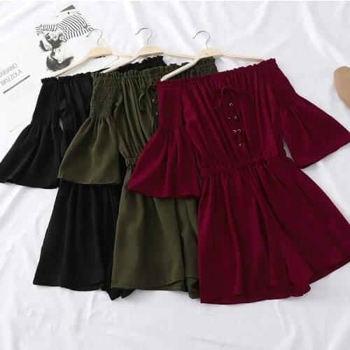 Summer Women Slash Neck Flare Sleeve Rompers Bandage Strap Pleated Ruffles Bow Jumpsuit Mini Female Wrapped Rope Beach Playsuits