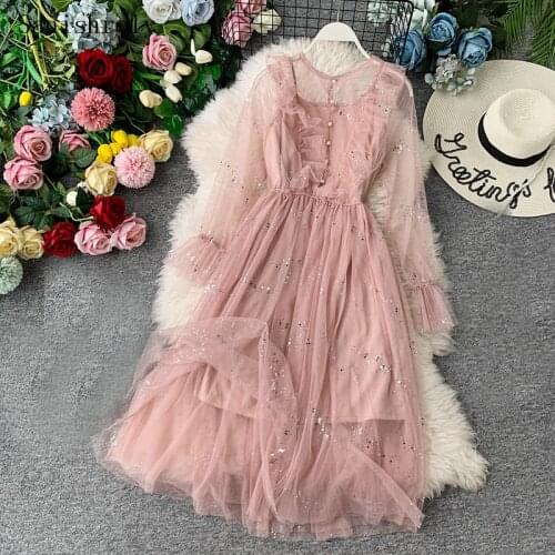 Sanishroly Two Pieces Set 2021 Spring Women Flare Sleeve Sequined Lace Mesh Dress Female Button Long Ruffle tank Vestidos CD157