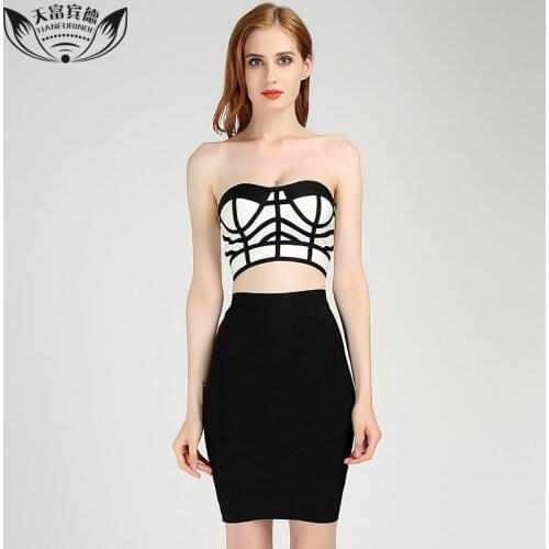 2017 Summer Women Strapless Bandage Dress Set Stripes Zipper Design Black Color Sexy Ladies Above Knee Mini Bandage Dresses