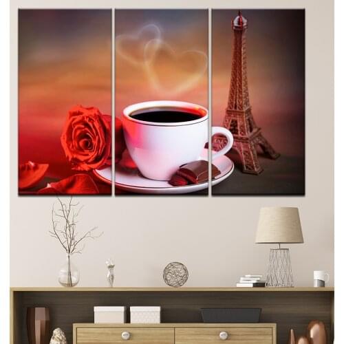 3 Panels Canvas Painting Fragrant Coffee LOVE rose Print Painting On Canvas Wall Art Picture Kitchen Home Decoration Unframed