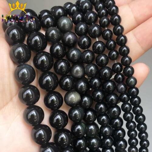 Natural Stone Beads Smooth Black Obsidian Round Loose Beads For Jewelry Making DIY Bracelet Charms Accessories 15" 4/6/8/10/12mm