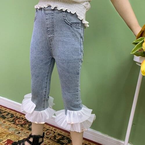 Girls denim pants children mesh patchwork Boot Cut pants kida half pants Elastic Waist trousers 2-14Y ws1696