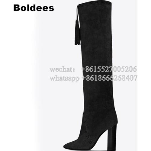 Designer Fall Winter Women Brown Black Block Heeled Gladiator Fringe Tassel Boots Woman Knee High Long Boot