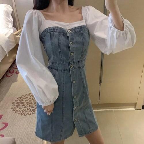Denim dress womens 2020 autumn and summer new fashion off shoulder package hip button up dresses fashion