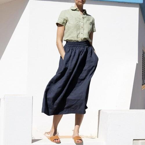 FairyNatural Ladies Summer New Ramie Skirts 2021 Vintage Women Casual Loose Elastic Waist Loose Skirts Pockets