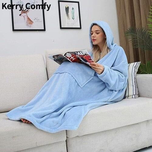 TV Pocket Hooded Blankets Adults Bathrobe Sofa Cozy Hoodie Blanket Sweatshirt Winter Warm Plush Coral Fleece Oversized Outwears