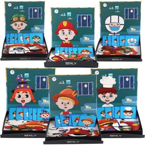 Montessori 3D Magnetic Puzzle Wooden Papper Facial Features 6 Styles Jobs Dress Up Jigsaw Puzzle Educational Toys Children Gift