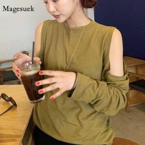 Autumn Casual Solid Color O-neck Long Sleeve Blouse Women Hollowed Out Shoulder Loose Lazy T-shirts Fashion Pullover Tops 12186