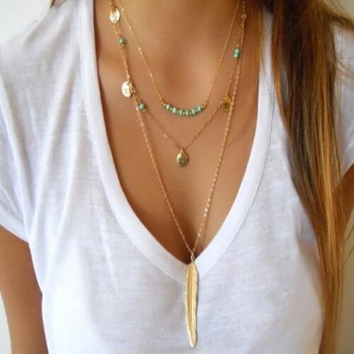 Feather Necklace Women Aesthetic Bohemian Style Multi-layer Chain Necklace Womens Jewelry Accessories Collares Kpop