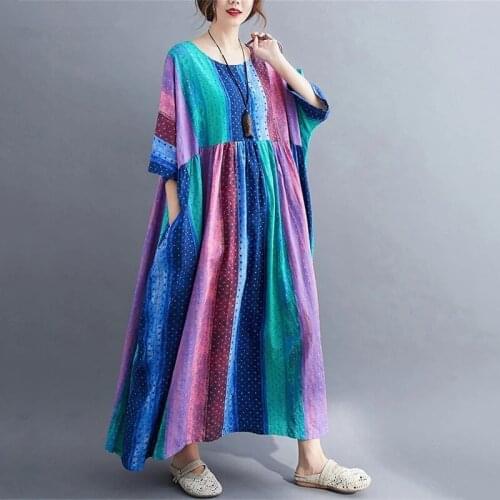 Cotton Linen Plus Size Vintage Stripe Women Casual Loose Long Summer Dress Elegant Clothes 2021 Ladies Dresses Sundress For