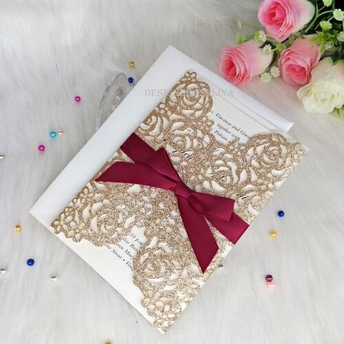 Rose Gold Glitter Laser Cut Wedding Invites with Burgundy Ribbon Hollow Invitation Cards for Engagement Business