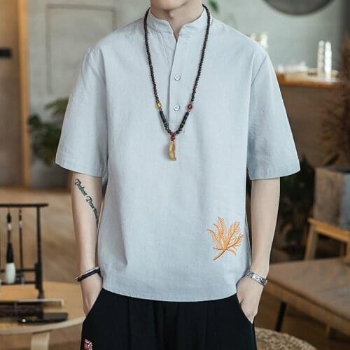 Summer Men Cotton Linen Shirt Chinese Style Retro Casual Embroidery Harajuku Asian Fashion Casual Streetwear Top Shirt KK3448