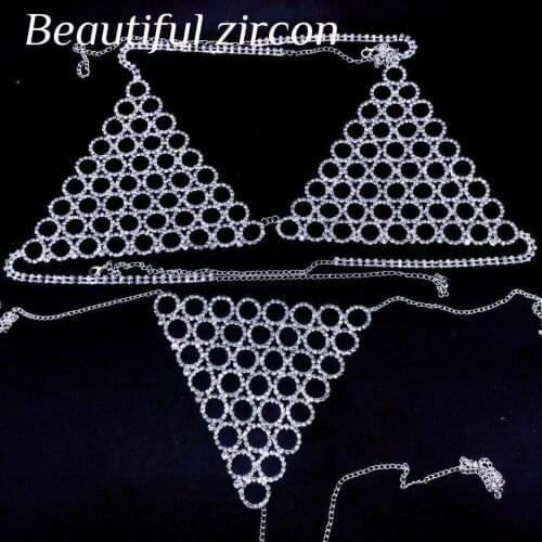 Sexy womens hollow out body chain bra luxury shining crystal Beach Bikini Bra and thong nightclub party jewelry wholesale