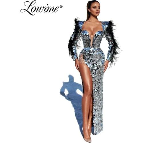 Silver Dubai Arabic Evening Dress 2020 Shiny Sequined Long Prom Dress Robe De Soiree Dresses Woman Party Night African Gowns