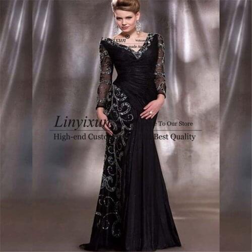 Sexy Long Sleeve Prom Dresses V Neck Beaded Chiffon Black Mermaid Evening Dress for Wedding Party Custom Made robes de soirée