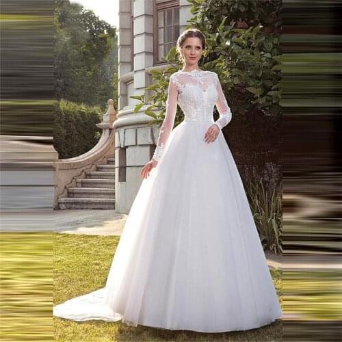 Long Sleeves Jewel Neck Long Sleeves A-Line Wedding Dresses Lace Appliques Bandage Back Bridal Gowns Tulle Skirt Lace Up Corset