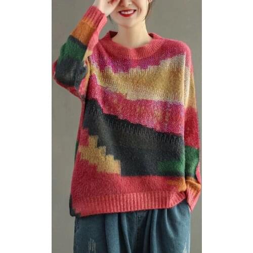 Imitated Mink Wool Sweaters Women Printed Floral Loose Spliced O-Neck Collar Full Sleeve Casual Knitted Clothing Female