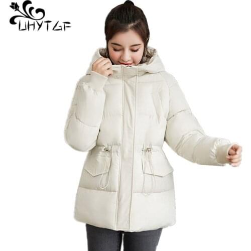 UHYTGF Women cotton Waist belt Winter Female Jackets Korean Short Slim Warm Small cotton Womens Coats Fashion Hooded Parka X393