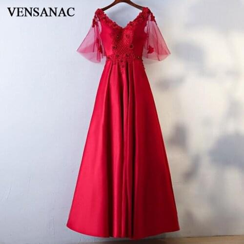 VENSANAC V Neck 2018 Crystal Flowers A Line Long Evening Dresses Vintage Beading Party Lace Appliques Prom Gowns
