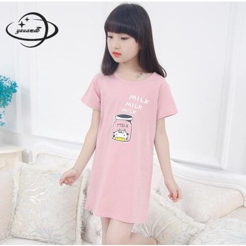 Yauamdb Kids Nightgowns Summer 5-13y Girls Sleepwear Cartoon Print Solid Childrens Knee O-Neck Length Nightdress Clothes Ly24