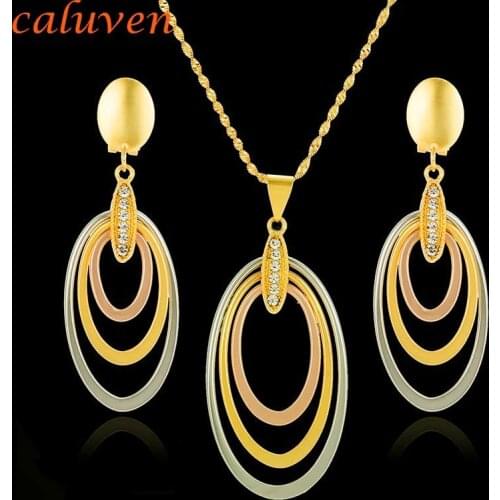 Gold Color Jewelry Sets Ethiopian Rose white Yellow Nigerian Dubai Round with Stone Necklace Sets African Womens Gift CE058