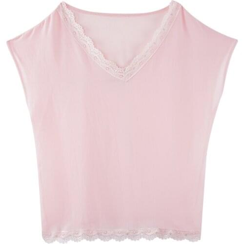 Lace Patchwork V-Neck Summer T-shirt Tops For Women Clothes 2019 Sleeveless Solid Pink Chiffon T shirt Femme