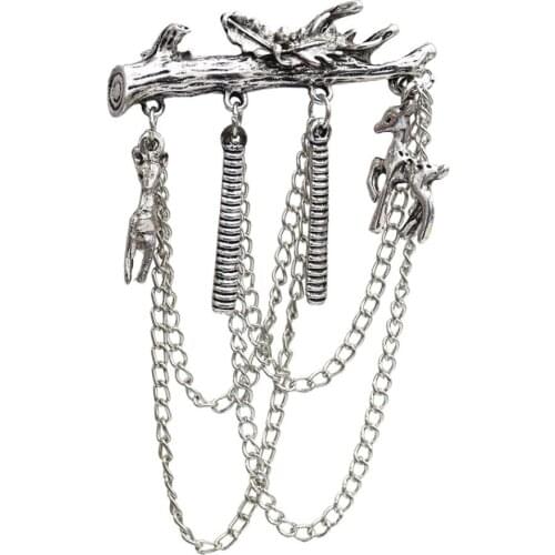 Boho Gold Metal Deer Animal Pins and Brooches Geometric Women Shirt Collar Tassel Chain Vintage Suit Lapel Accessories