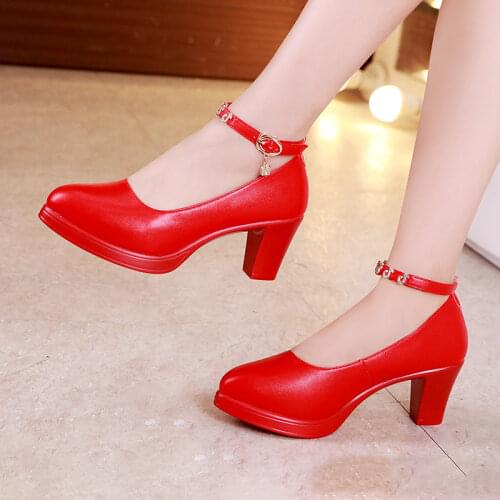 Plus Size 32-43 Block Heel Platform Pumps Women Wedding Shoes Red White 2020 Mary Jane Shoes Ladies High Heels Shoes Office