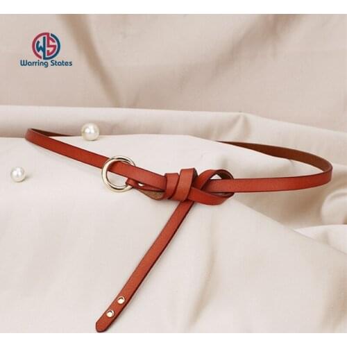 New Round Buckle Genuine Leather Knotted Thin Belt for Women Lacquered Wild Leather Double Rivet Belt Female