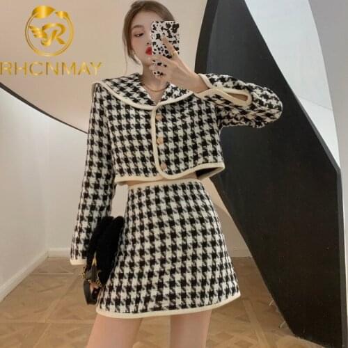 New Women Plaid Tweed Set Korean Ins Vintage Sailor Collar Long Sleeve Crop Coat + High Waist Mini Skirt Two Piece Sets