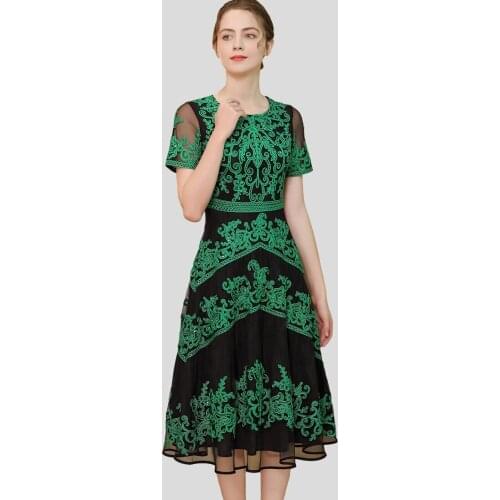 Plus Size Clothing 2021 Summer 1950s Style Women O-Neck Allover Appliques Embroidery Sexy Tulle Mesh Patchwork Red Green Dress