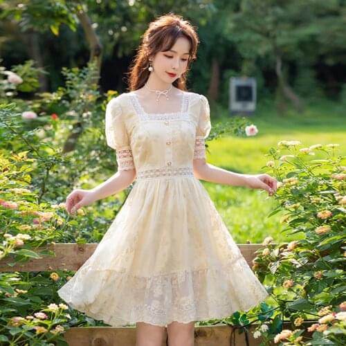Women Cute Ball Gown Dress Puff Sleeves Square Collar Elegant Lace Embroidery Fairy Dress Pinched Waist Summer Plus Size Dress3X