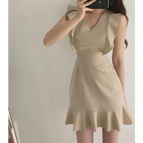Elegant V Neck Butterfly Sleeve Short Dresses Ruffles Bandage Women Dresses Summer Beach Party Sexy Sleeveless Fishtail Dress