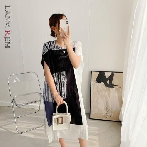 LANMREM Pleated Dress For Women 2021 Summer New Stitching Color Round Neck Short Batwing Sleeve Loose Dresses 2D3838