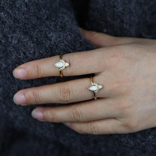 Gold Color Fashion Women Finger Jewelry Crown Shape White Fire Round Tear Drop Opal Stone Ring