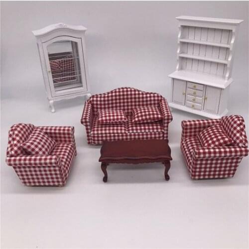 1:12 dollhouse furniture toy for dolls miniature red soft sofa tea table white cabinet pretend play toys for kids girls gifts