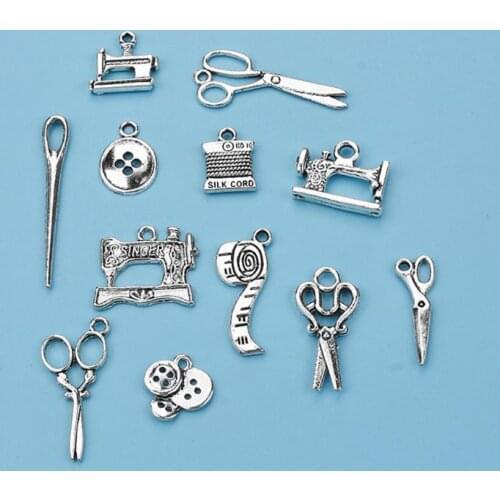 12Pcs Sewing Charms Collection Antique Silver Scissors Pendant Jewelry Findings